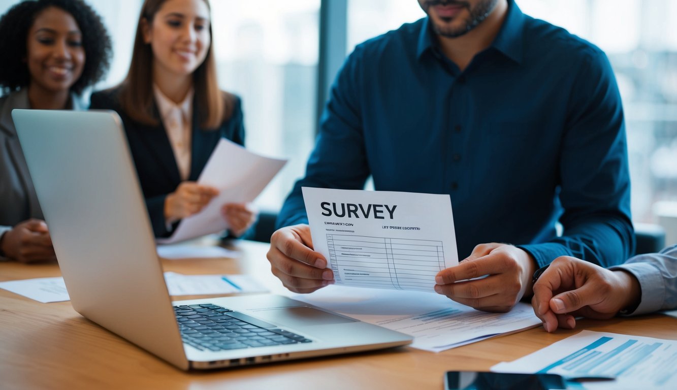 A person sets up a survey on a laptop, then prints and distributes it to various individuals and groups