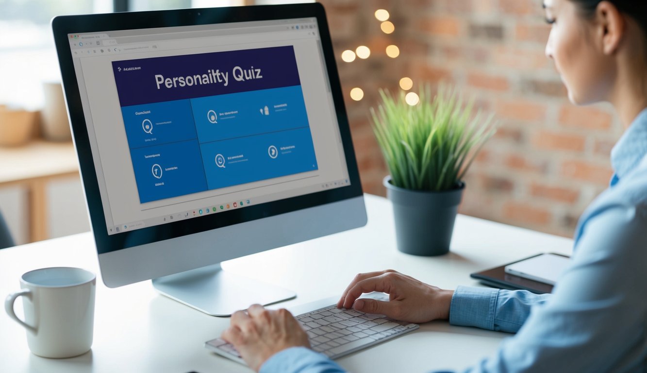 A person sitting at a computer, creating a personality quiz on Google Forms. The screen displays the quiz layout and options for questions