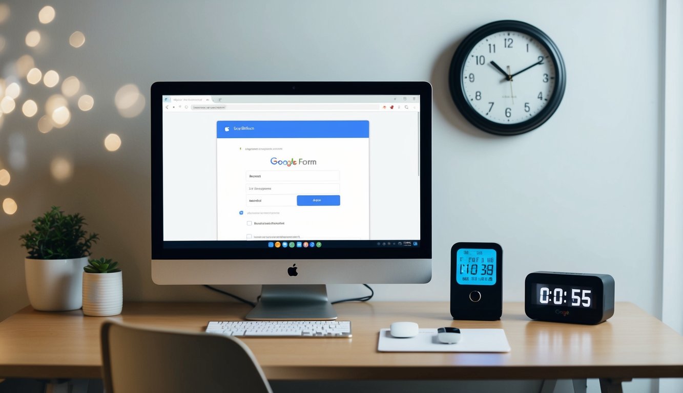 A desk with a computer screen displaying a Google Form. A clock on the wall shows the current time, while a digital timer is set to the form's closing time