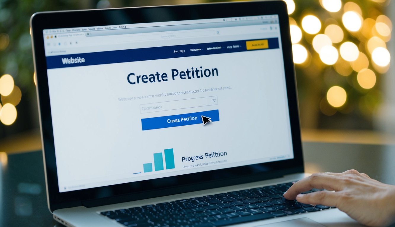 A computer screen with a website open, a cursor clicking on "create petition" button, and a progress bar filling up