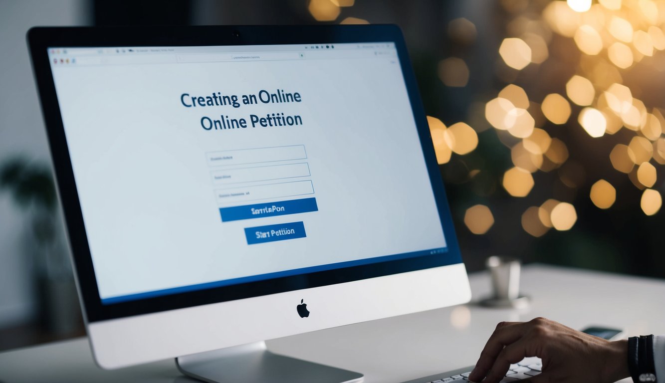 A computer screen displaying a website with a form for creating an online petition. A mouse cursor hovers over the "Start Petition" button