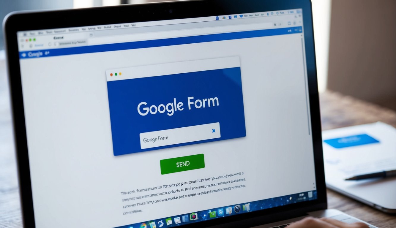 A computer screen showing a Google Form open in a web browser, with the cursor hovering over the "Send" button. An email draft is open next to the browser window