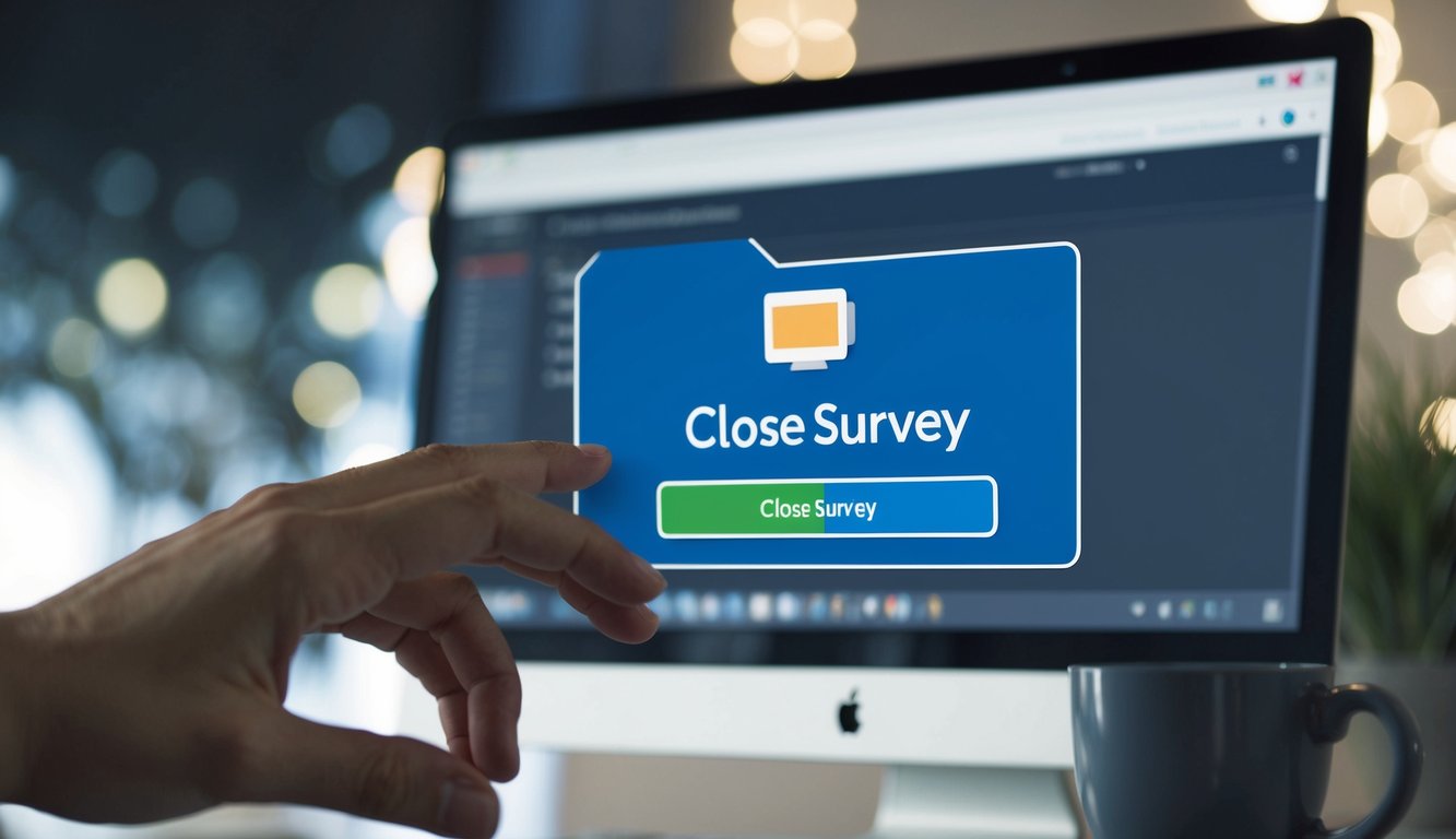 A computer mouse hovers over the "Close Survey" button on the SurveyMonkey dashboard. The cursor clicks the button, and a confirmation message pops up on the screen