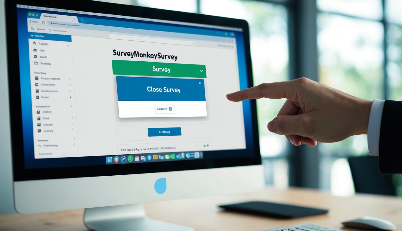 A computer screen displaying the SurveyMonkey dashboard with a survey highlighted. A mouse cursor clicks on the "Close Survey" button, confirming the closure process