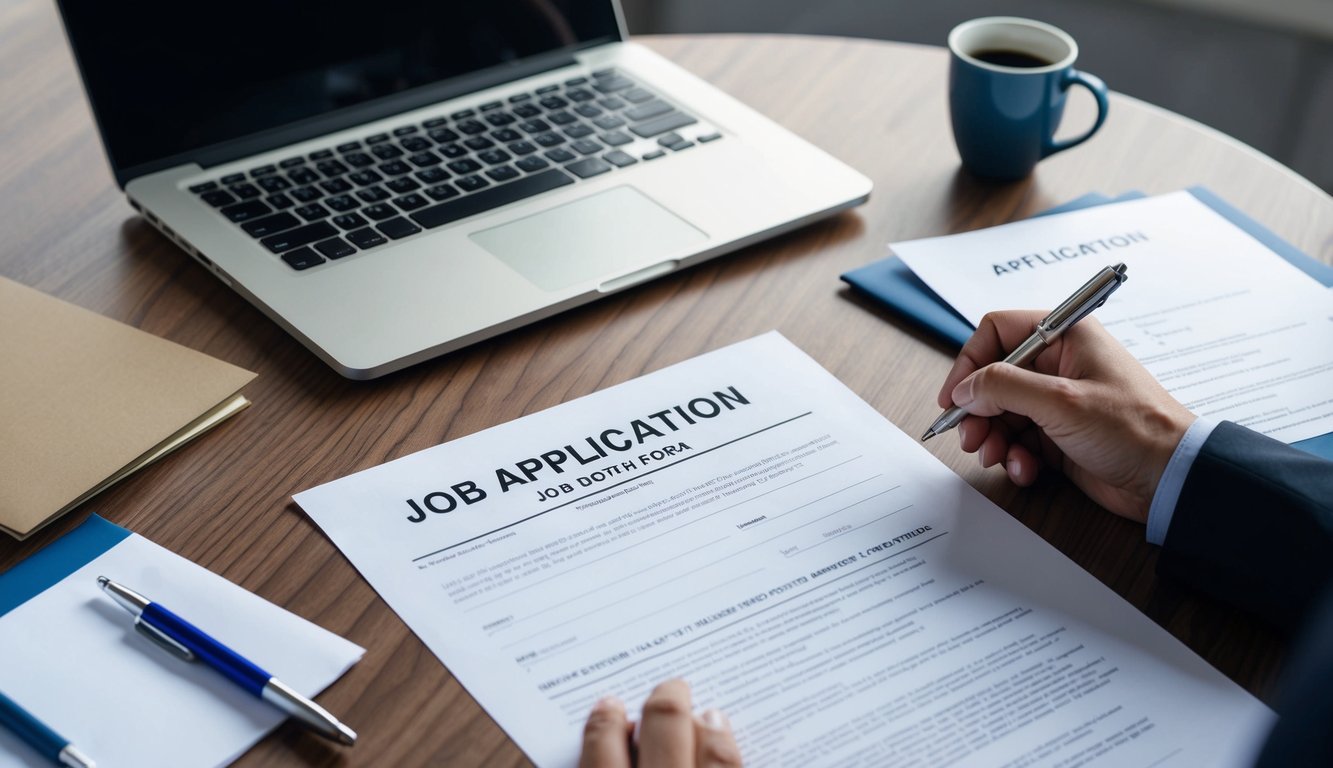 A desk with a laptop, pen, and paper. A job application form is being filled out with a resume and cover letter nearby