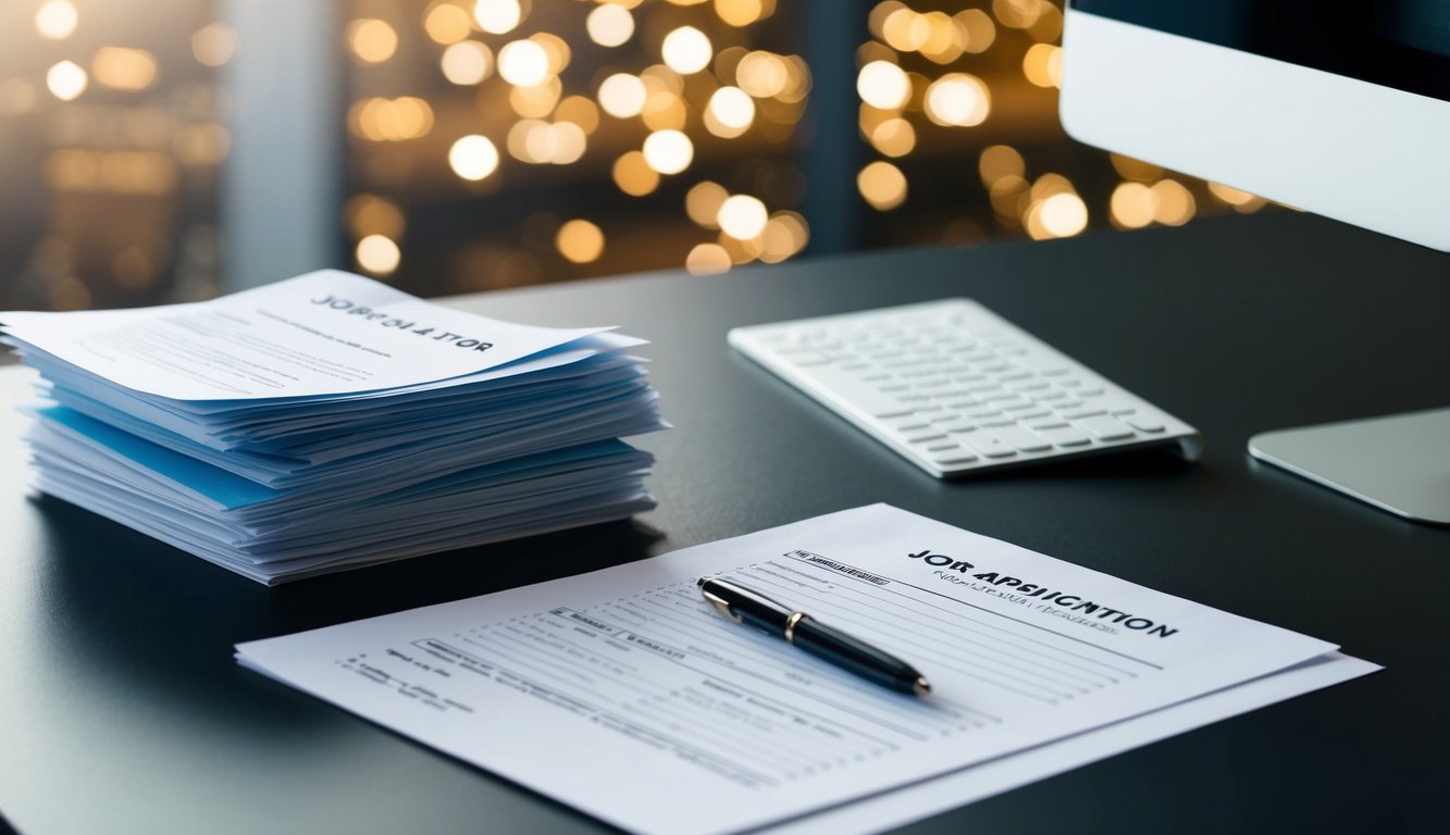 A desk with a computer, pen, and paper. A stack of resumes and a job application form with fields for personal information, work history, and skills