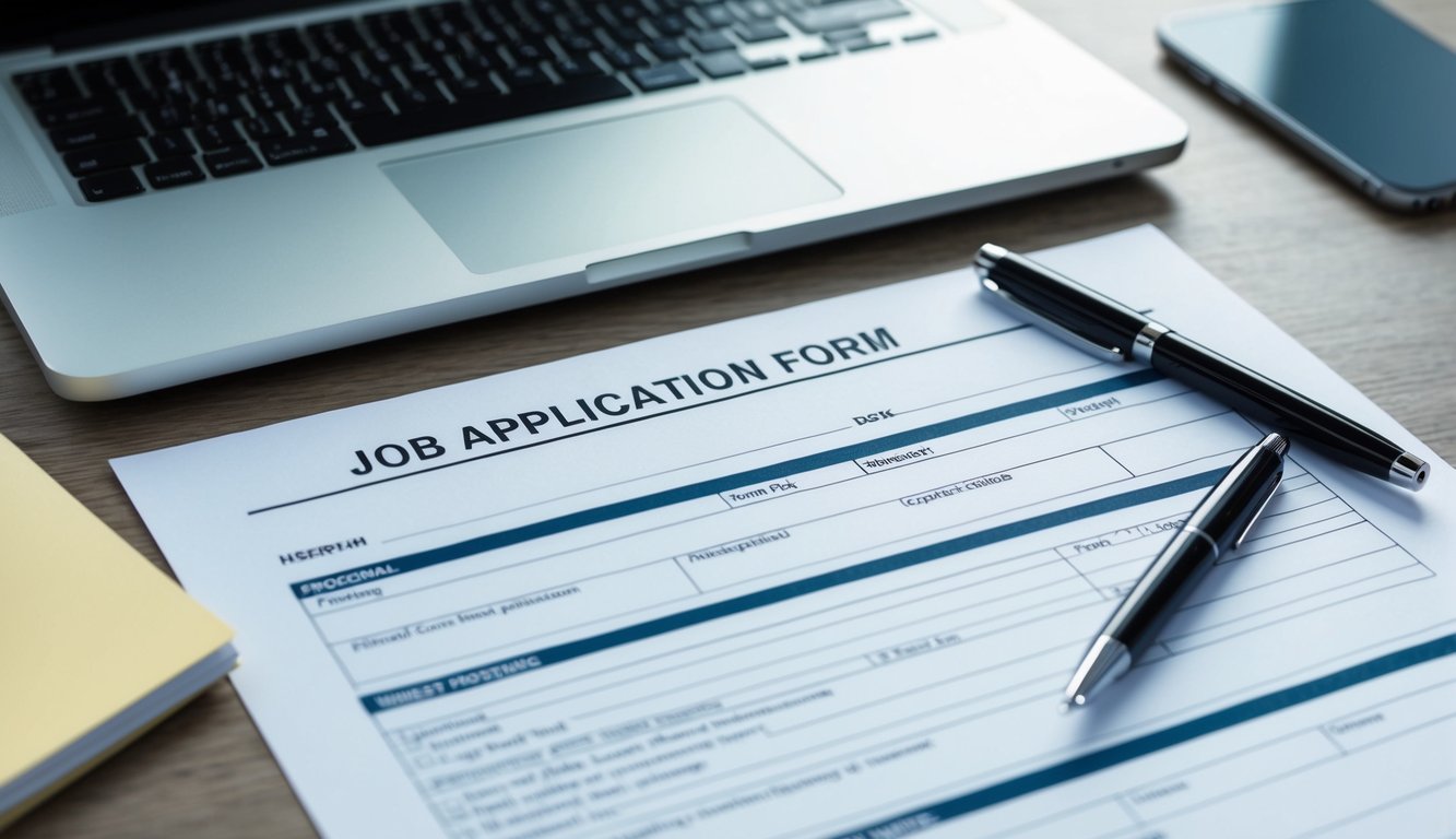 A desk with a laptop, pen, and paper. A job application form is partially filled out, with sections for personal information and work experience