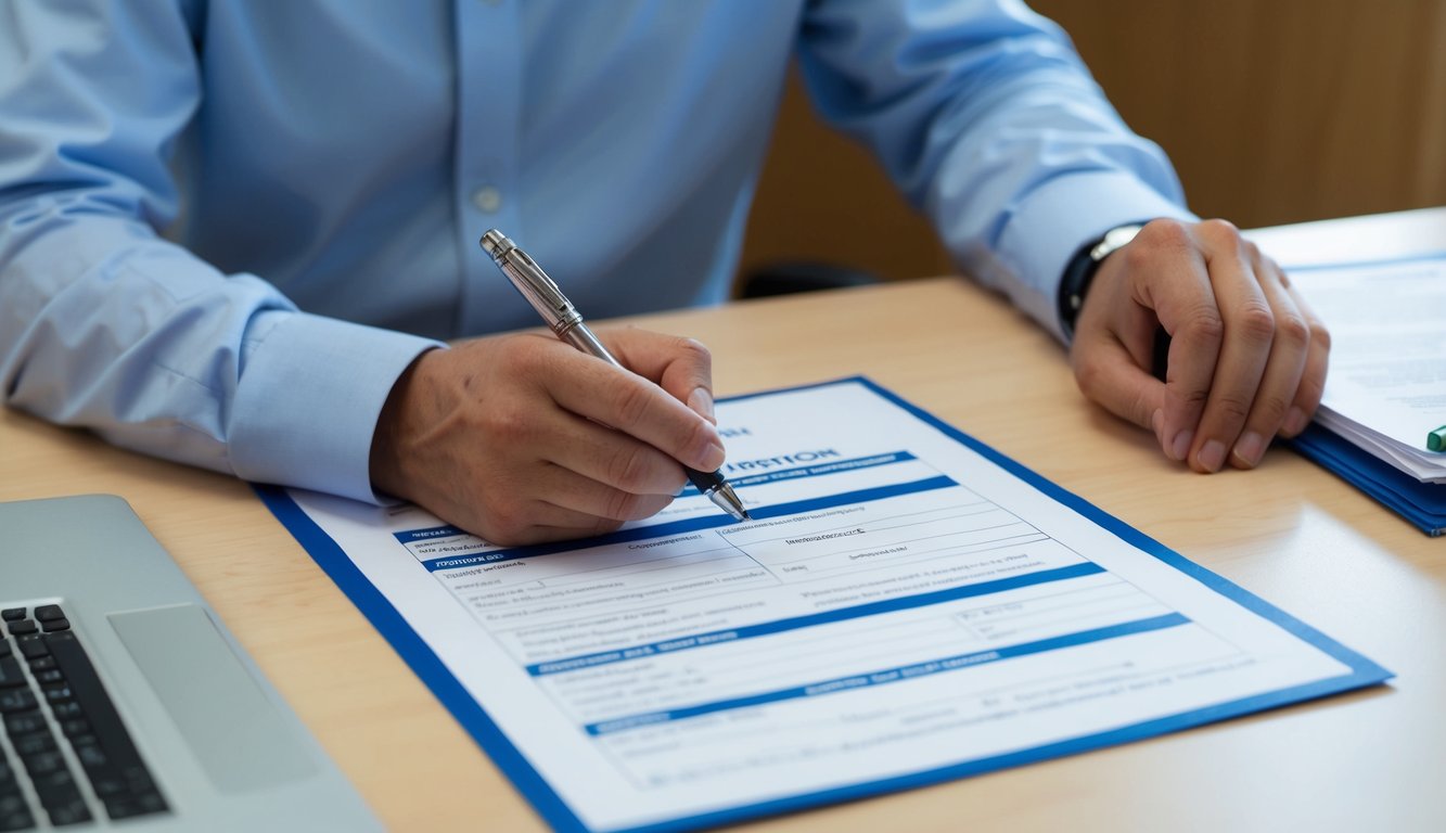 A person sits at a desk, filling out a form with a pen. The form has blank spaces for the petitioner's name, contact information, and the petition's purpose