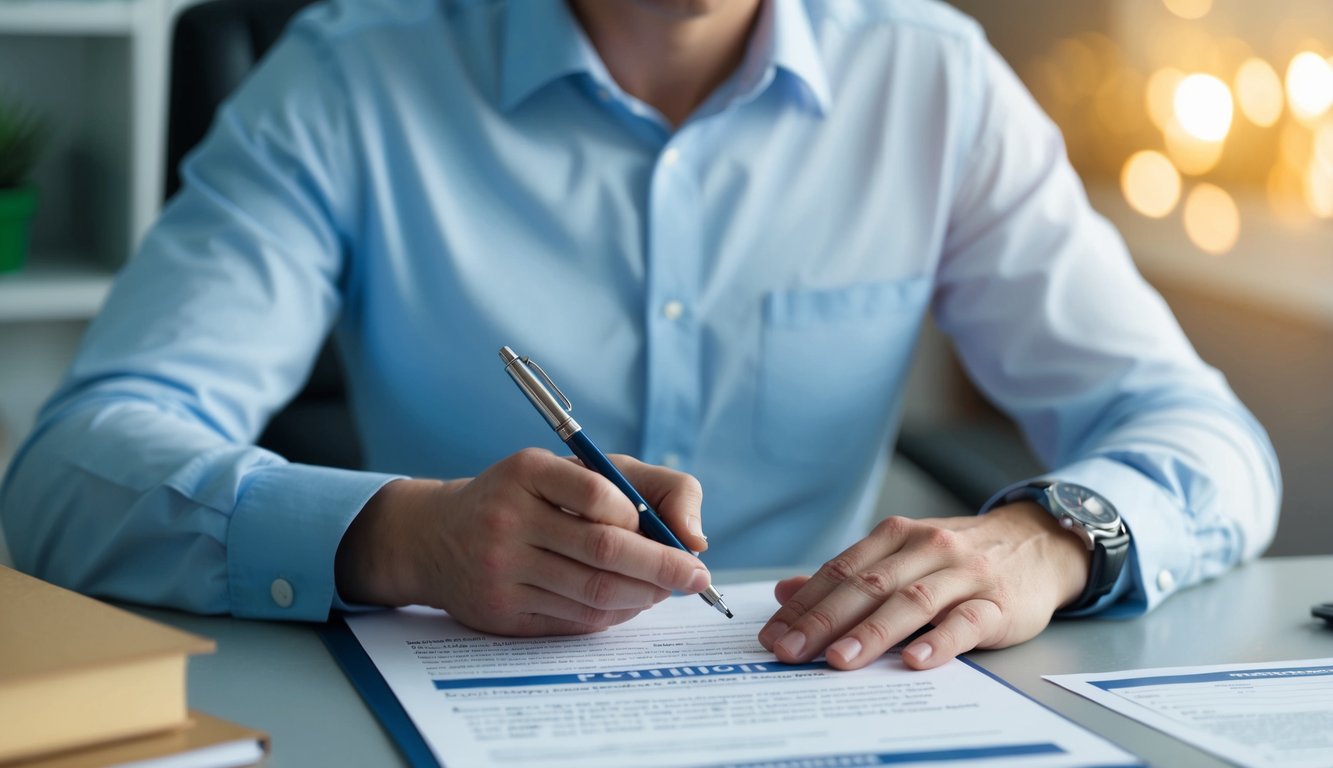 A person sitting at a desk, pen in hand, filling out a petition form with a title, description, and signature section