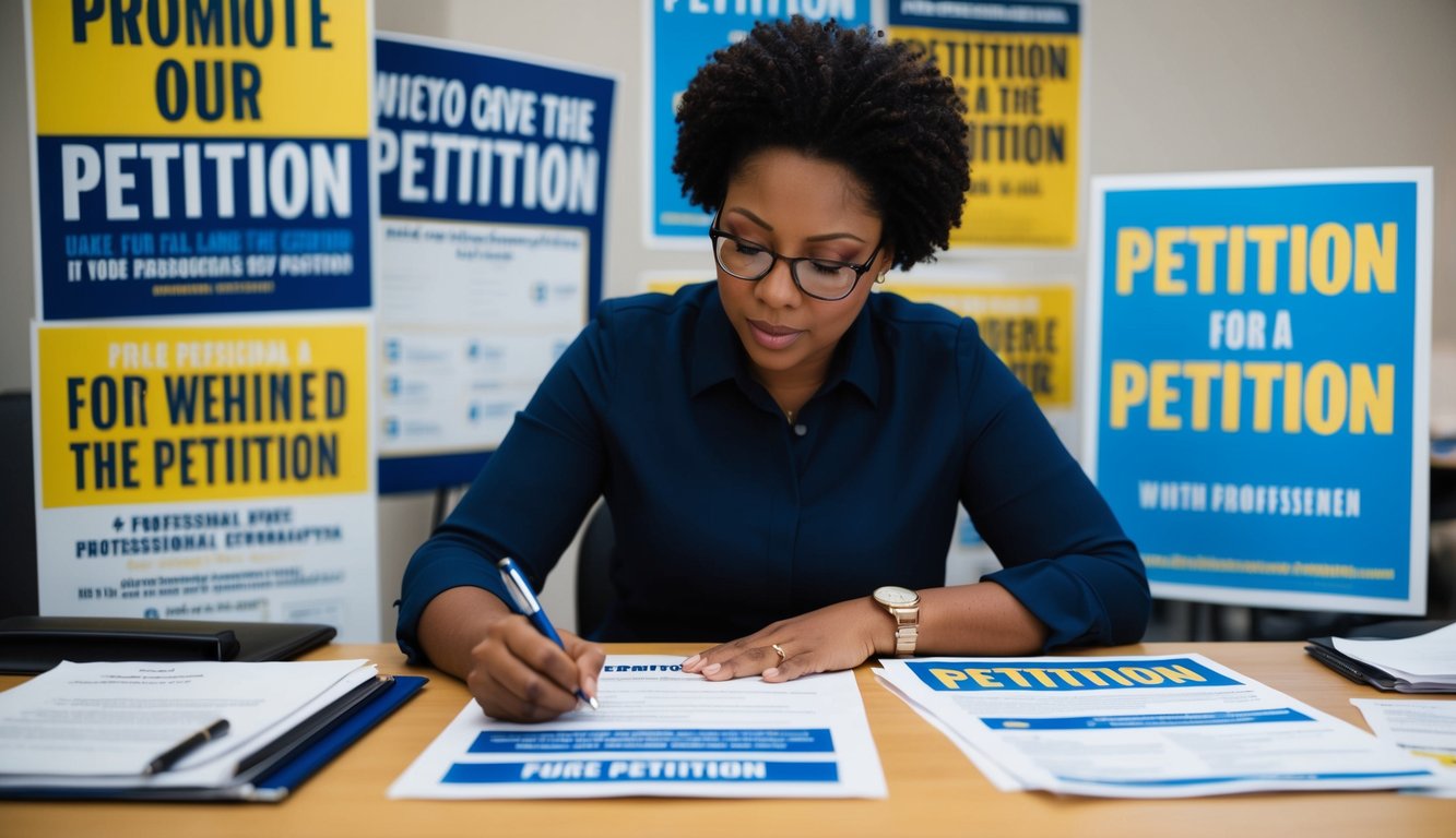 A person at a desk, filling out a petition form with a pen, while surrounded by posters and flyers promoting the petition