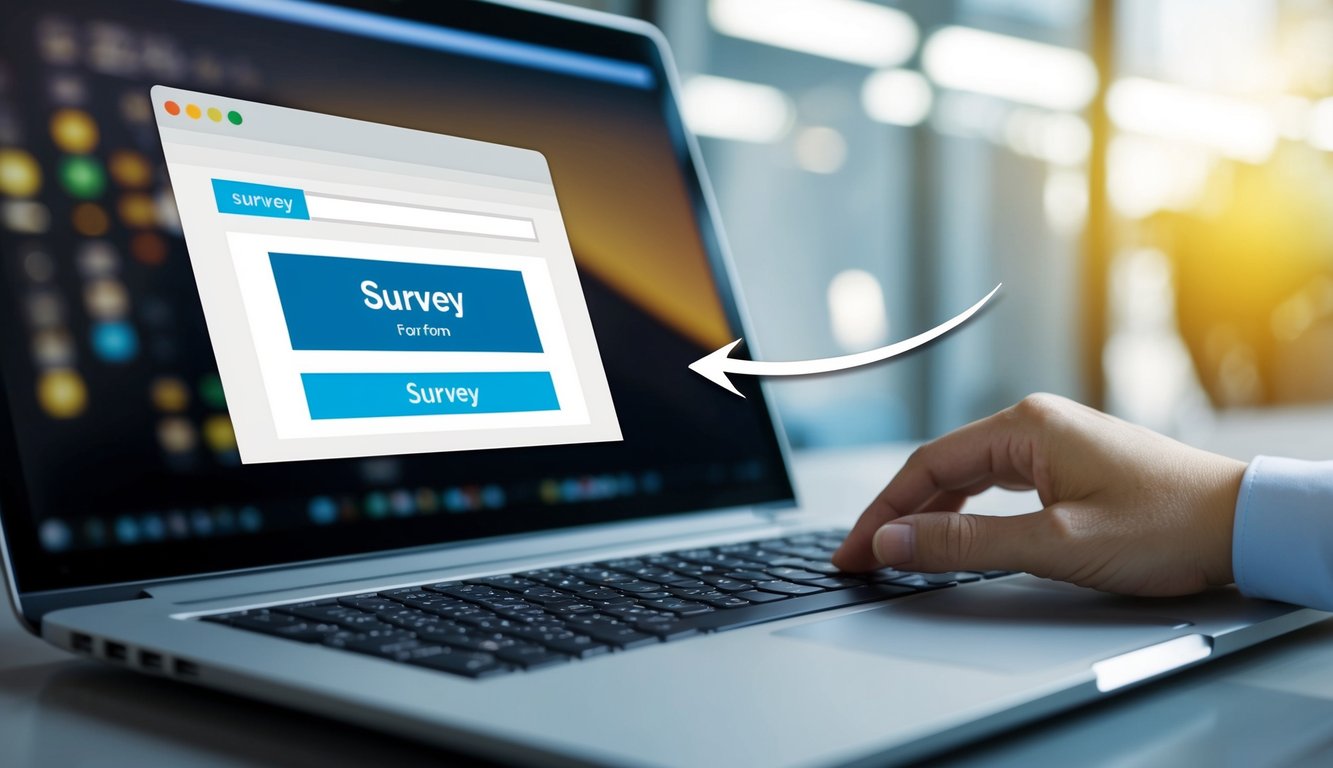 A laptop with an open email interface showing a survey form embedded within the body of the email. An arrow points to the survey, indicating its placement