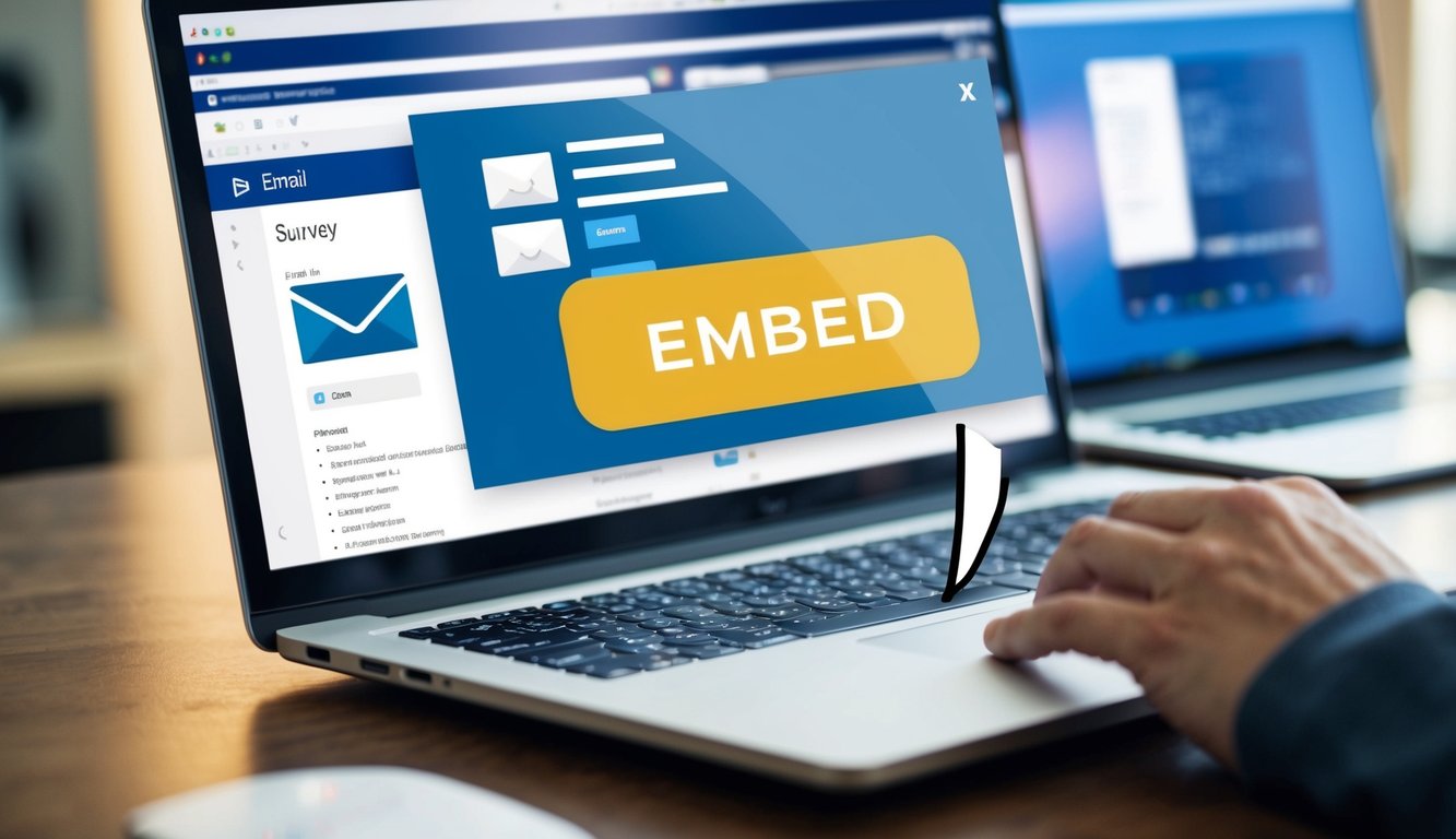 A laptop screen displaying an email interface with a survey form open. A cursor hovers over the "embed" button while an email draft sits open in the background