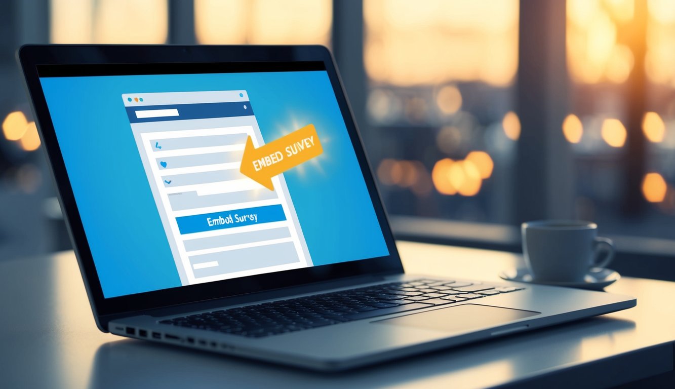 A laptop with an open email interface displaying a survey form. An arrow points to a button labeled "Embed Survey" with a glowing effect