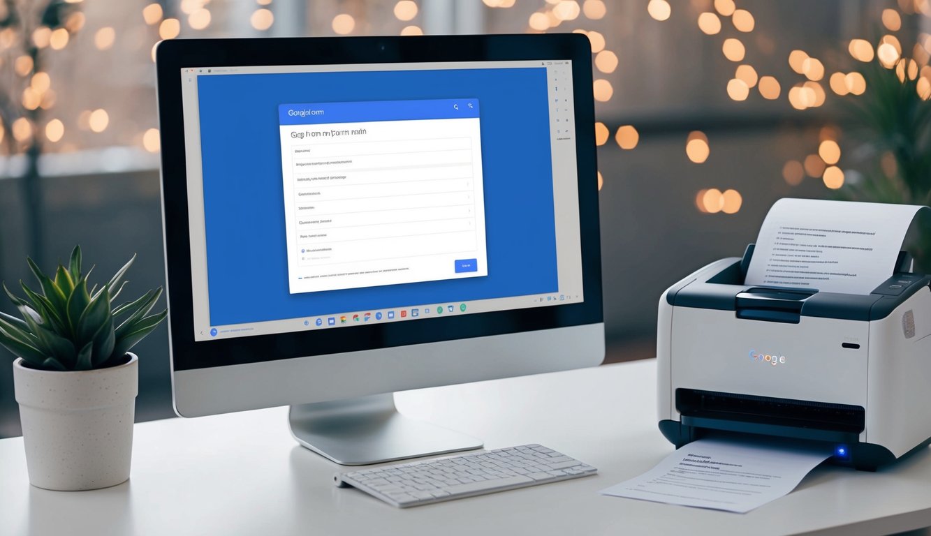 A computer screen displaying a Google Form with various response fields filled out. A printer next to the computer, printing out the form responses on paper