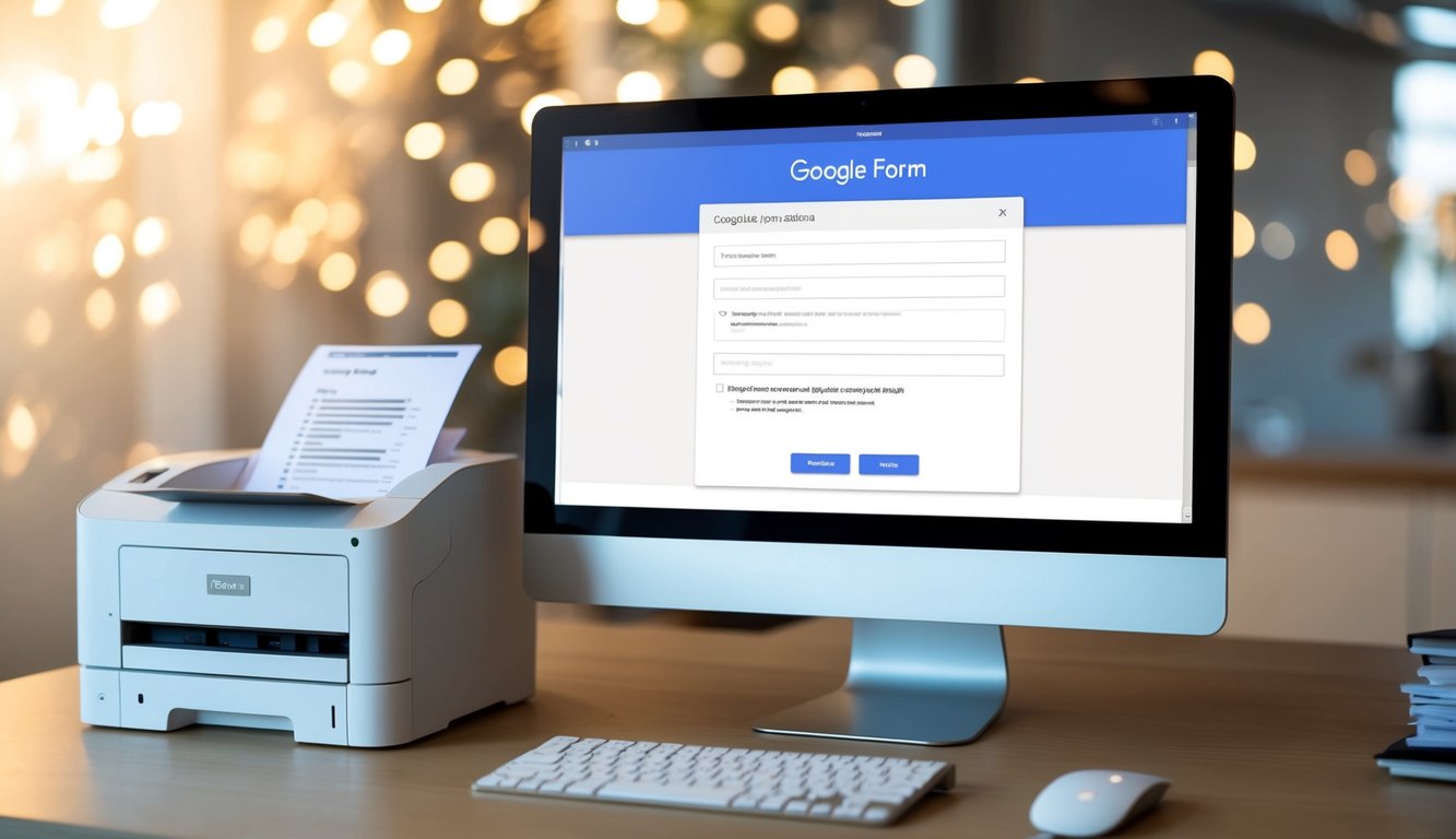 A computer screen displaying a Google Form with response options. A printer nearby with printed Google Form responses stacked neatly