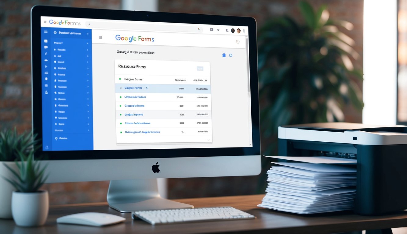 A computer screen showing a Google Forms dashboard with response data. A printer nearby, with printed Google Forms responses stacked neatly on a desk