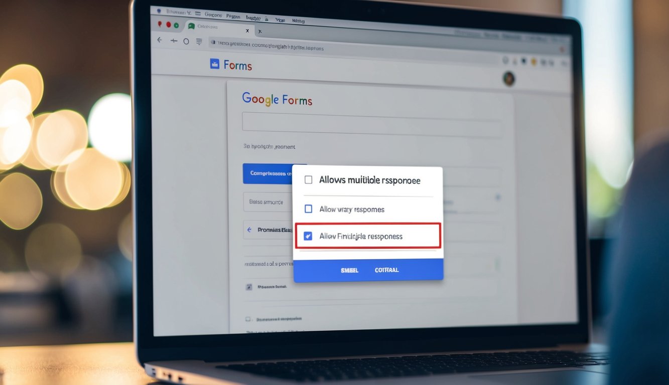 A computer screen showing the Google Forms interface with the option to allow multiple responses selected