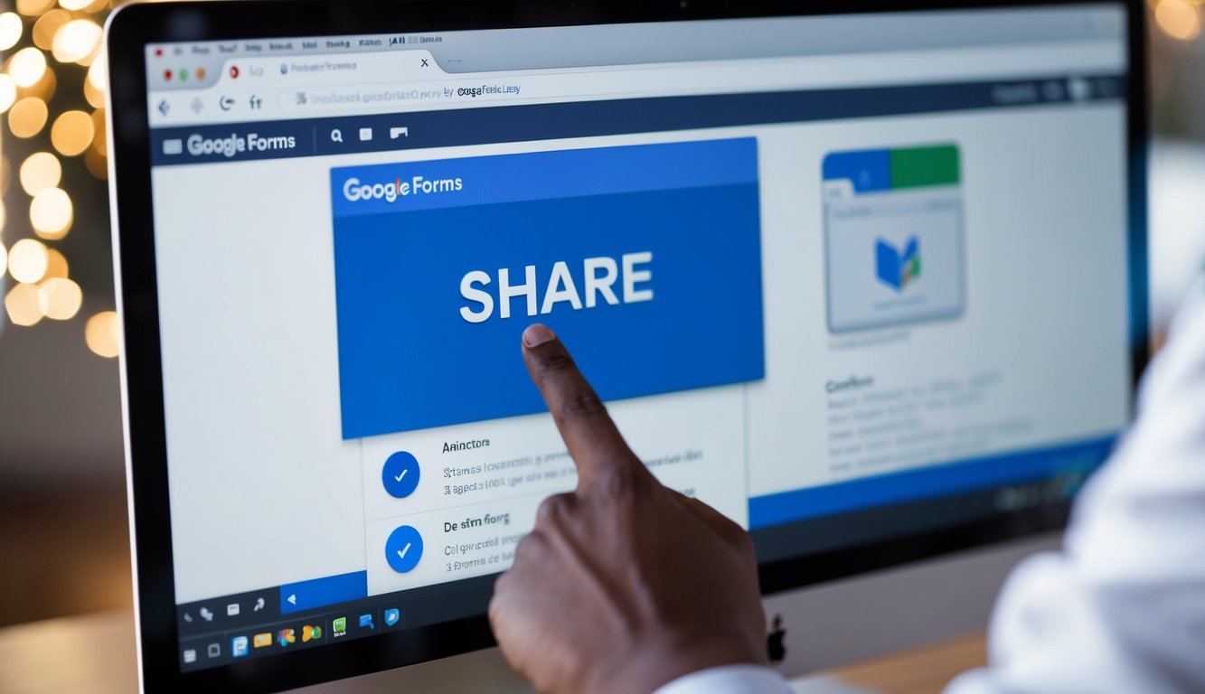 A computer screen displaying the Google Forms interface with the "Share" button highlighted. The cursor hovering over the button, ready to click