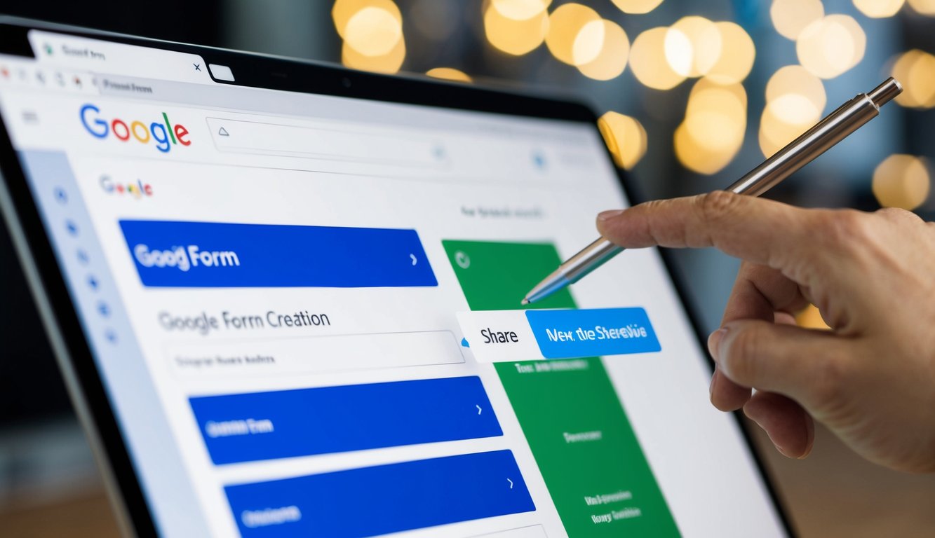 A computer screen displaying the Google Form creation page, with a cursor clicking on the "Share" button and selecting the option to make the form shareable
