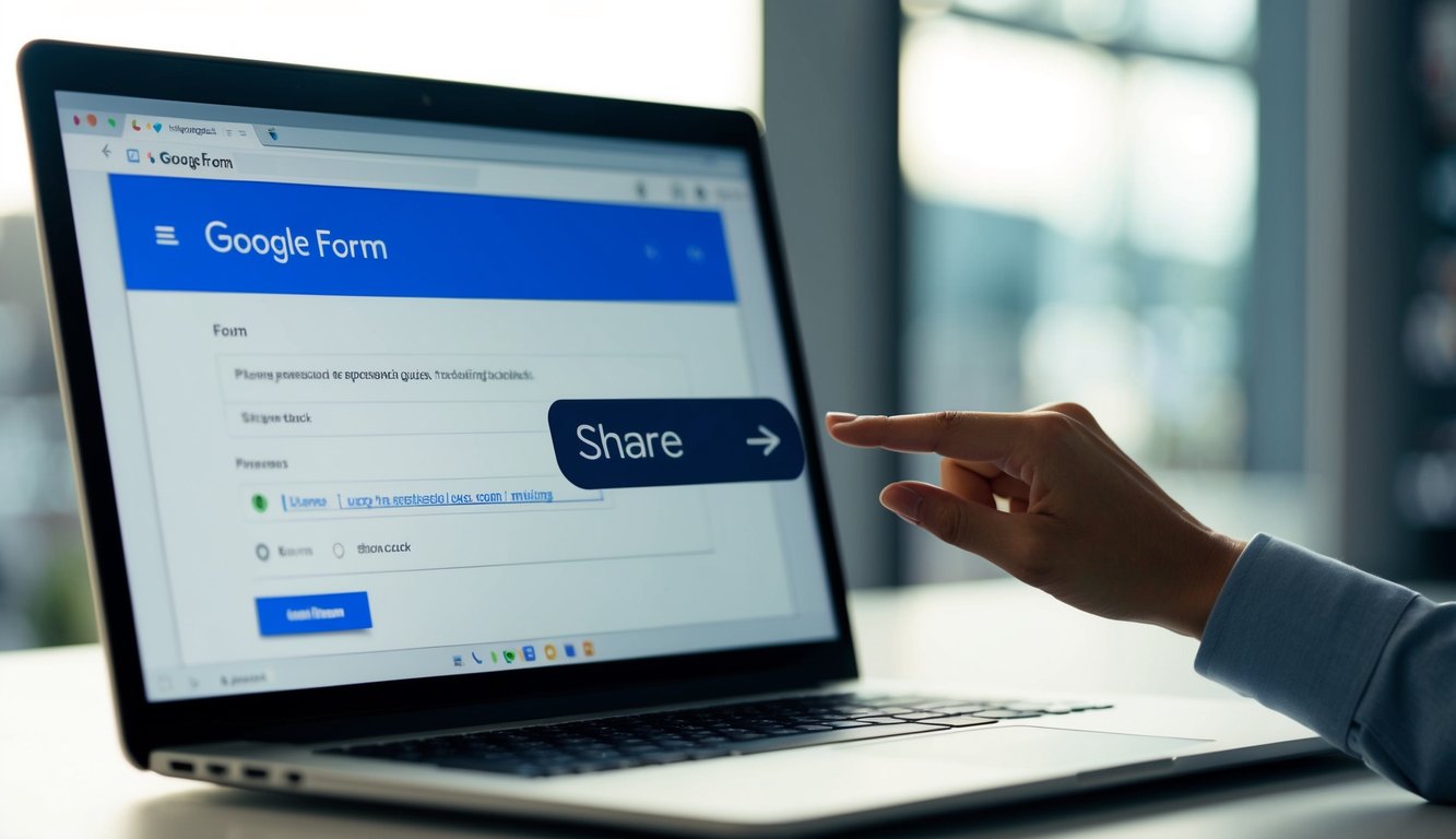 A laptop screen displaying the Google Form interface, with a cursor clicking on the "Share" button and a link being generated