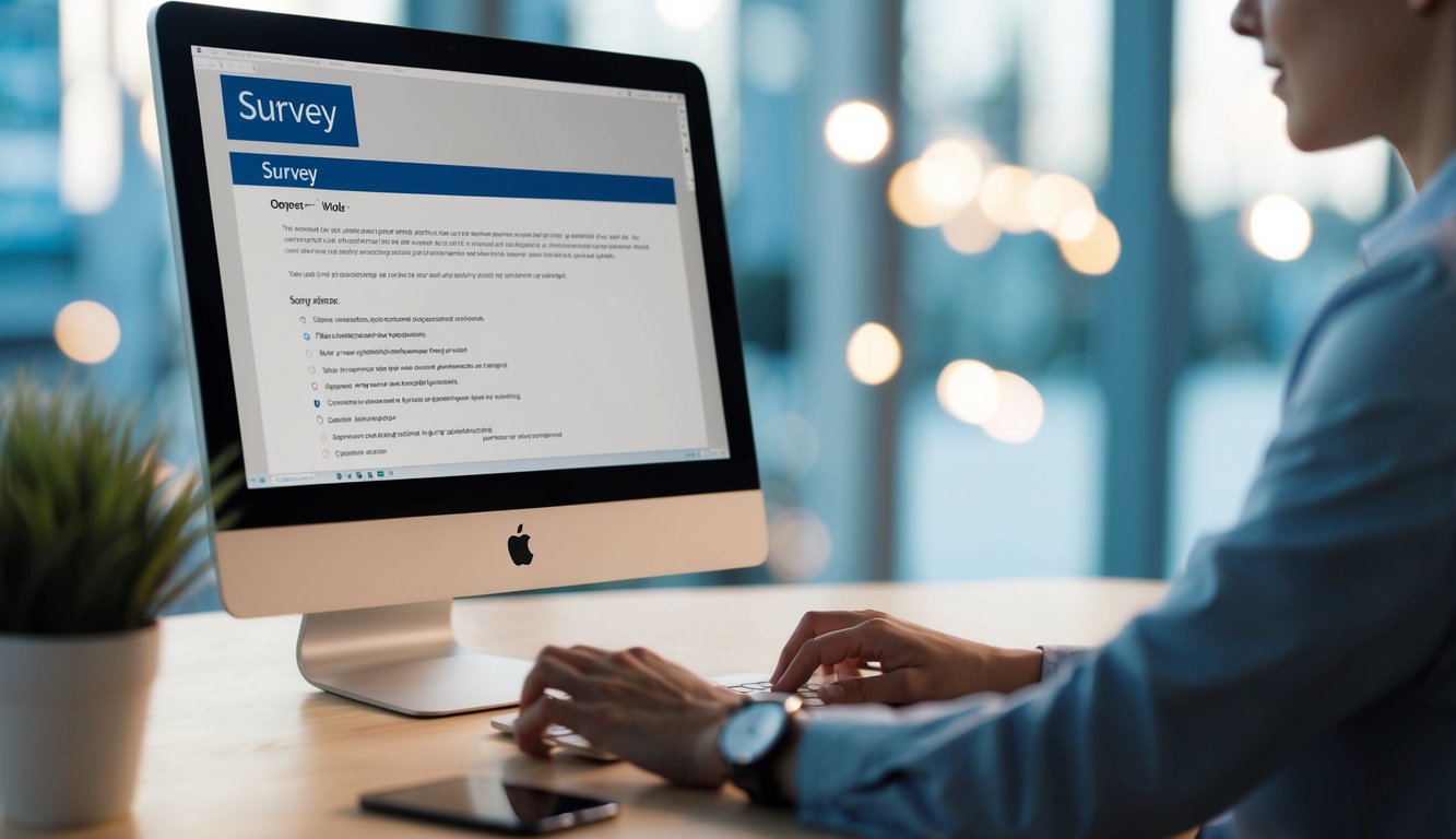 A computer screen showing a Microsoft Word document open with a title "Survey" and various questions and answer options being typed out