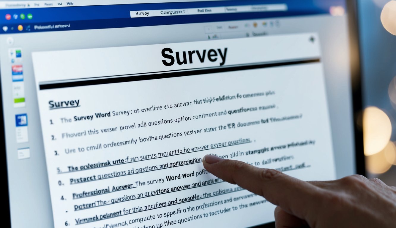 A computer screen showing a blank Word document with a title "Survey" at the top. A mouse cursor hovers over the "Insert" tab, ready to add questions and answer options