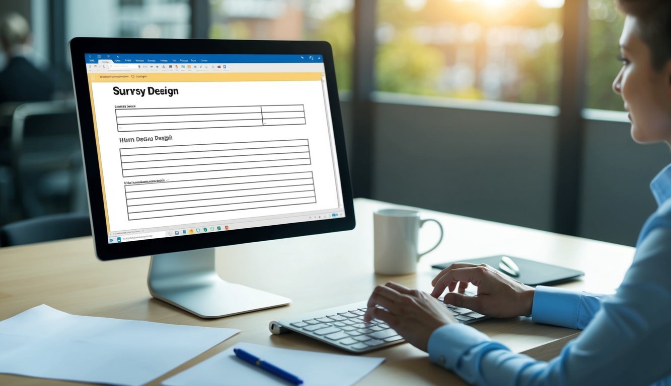 A person sitting at a desk, typing on a computer, with a blank sheet of paper and a pen next to them. The computer screen displays a word document with the title "Survey Design."