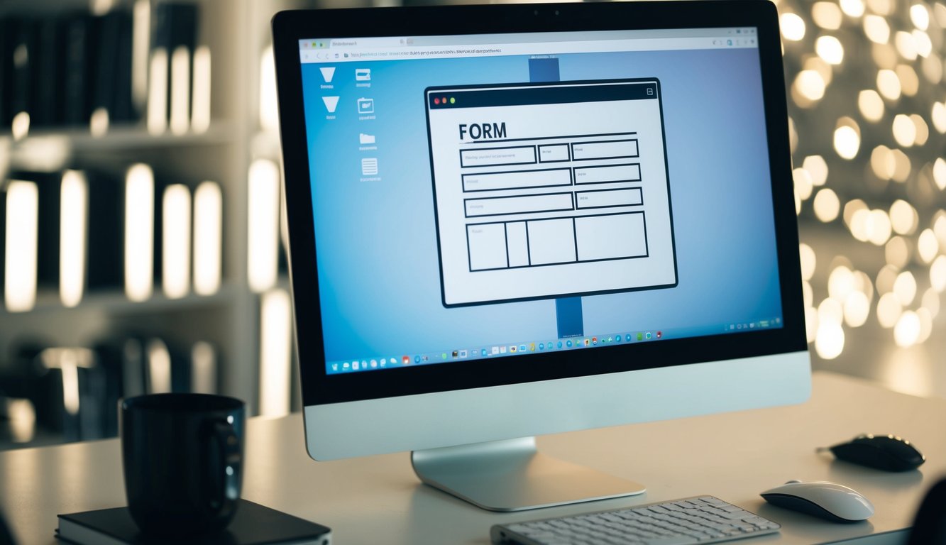 A computer screen with a blank digital form open, surrounded by a mouse and keyboard. The screen displays various input fields and buttons for data entry