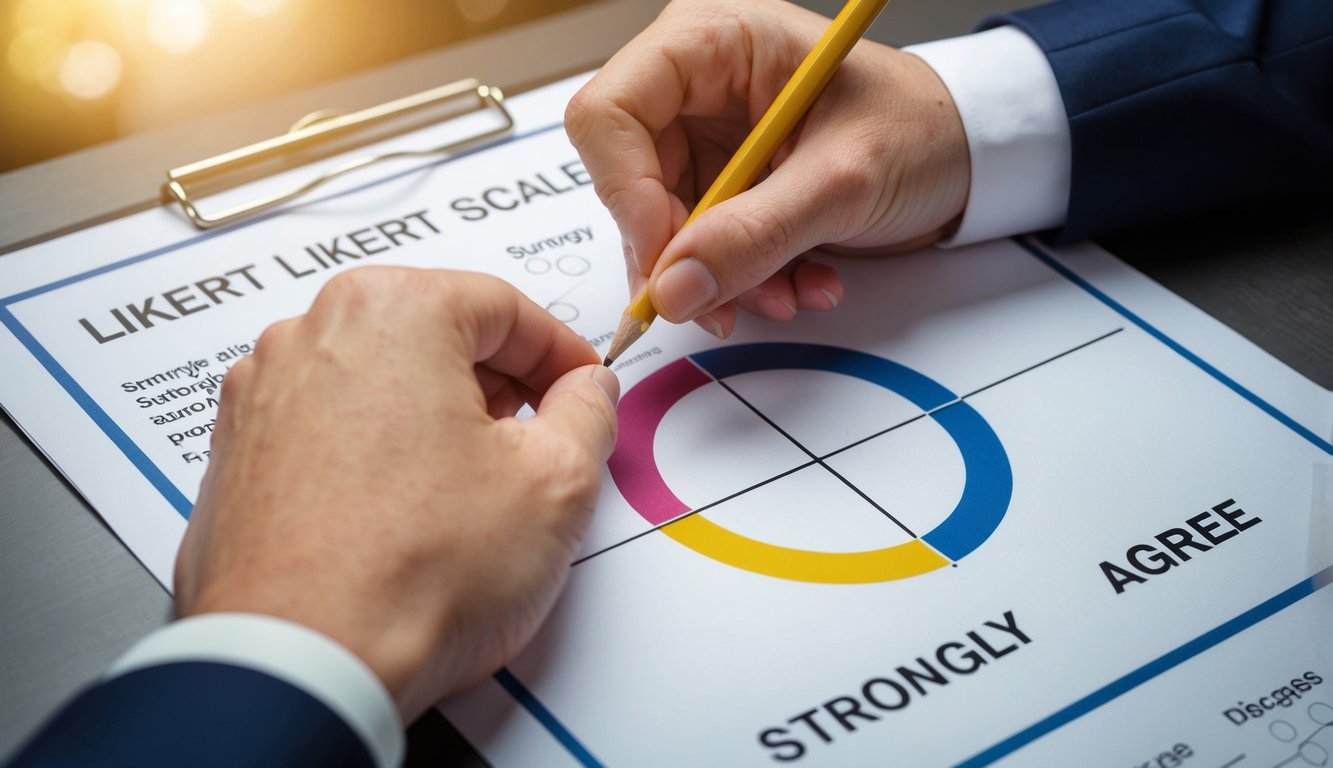 A hand holding a pencil and marking a Likert scale on a survey form. The hand is circling a rating option from "strongly disagree" to "strongly agree."