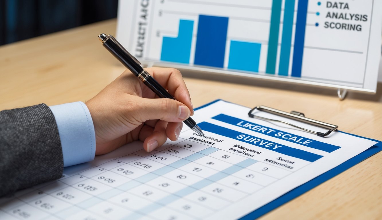 A hand holding a pen, marking a Likert scale survey sheet. A chart displaying data analysis and scoring methods in the background