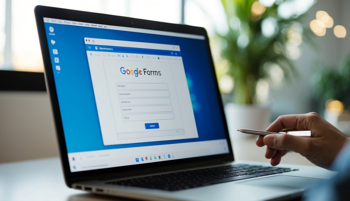 A computer screen displaying the Google Forms interface with a blank template open, a mouse cursor hovering over the form fields
