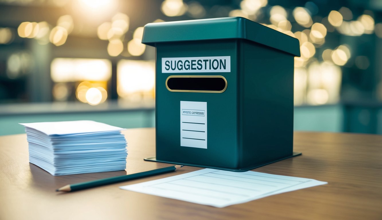 A suggestion box sitting on a table, with a slit for inserting feedback forms. A stack of blank forms and a pencil nearby