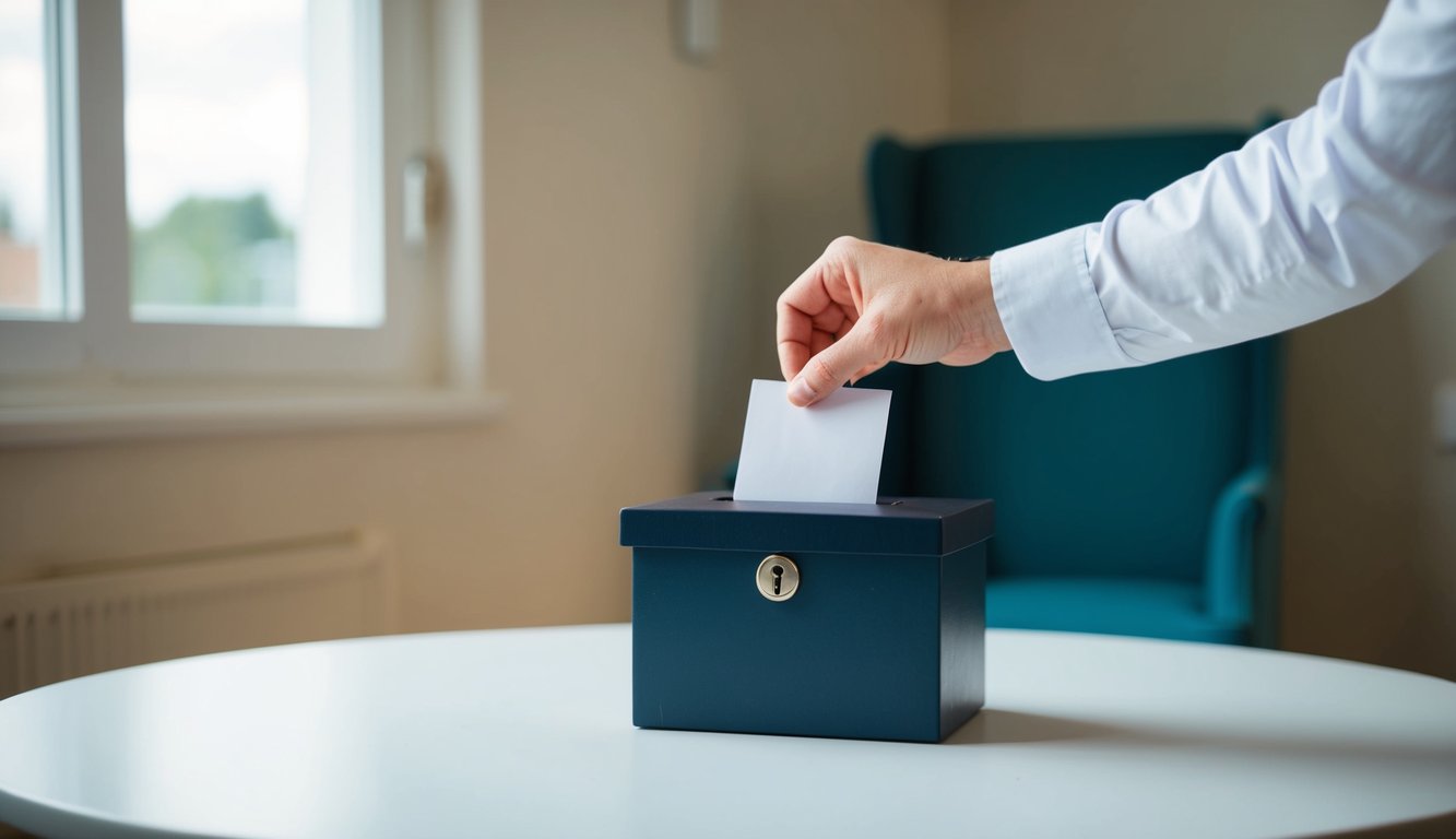 A person places a suggestion card into a locked box. The box is set on a table in a quiet, private room with no other individuals present