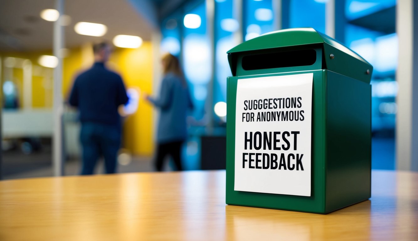 A suggestion box placed in a public area, with a slot for anonymous feedback. A sign promoting honest feedback is displayed next to it