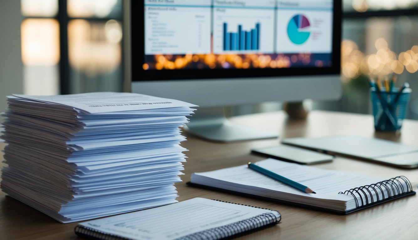 A stack of survey forms, a computer with data analysis software, and a pencil with a notepad