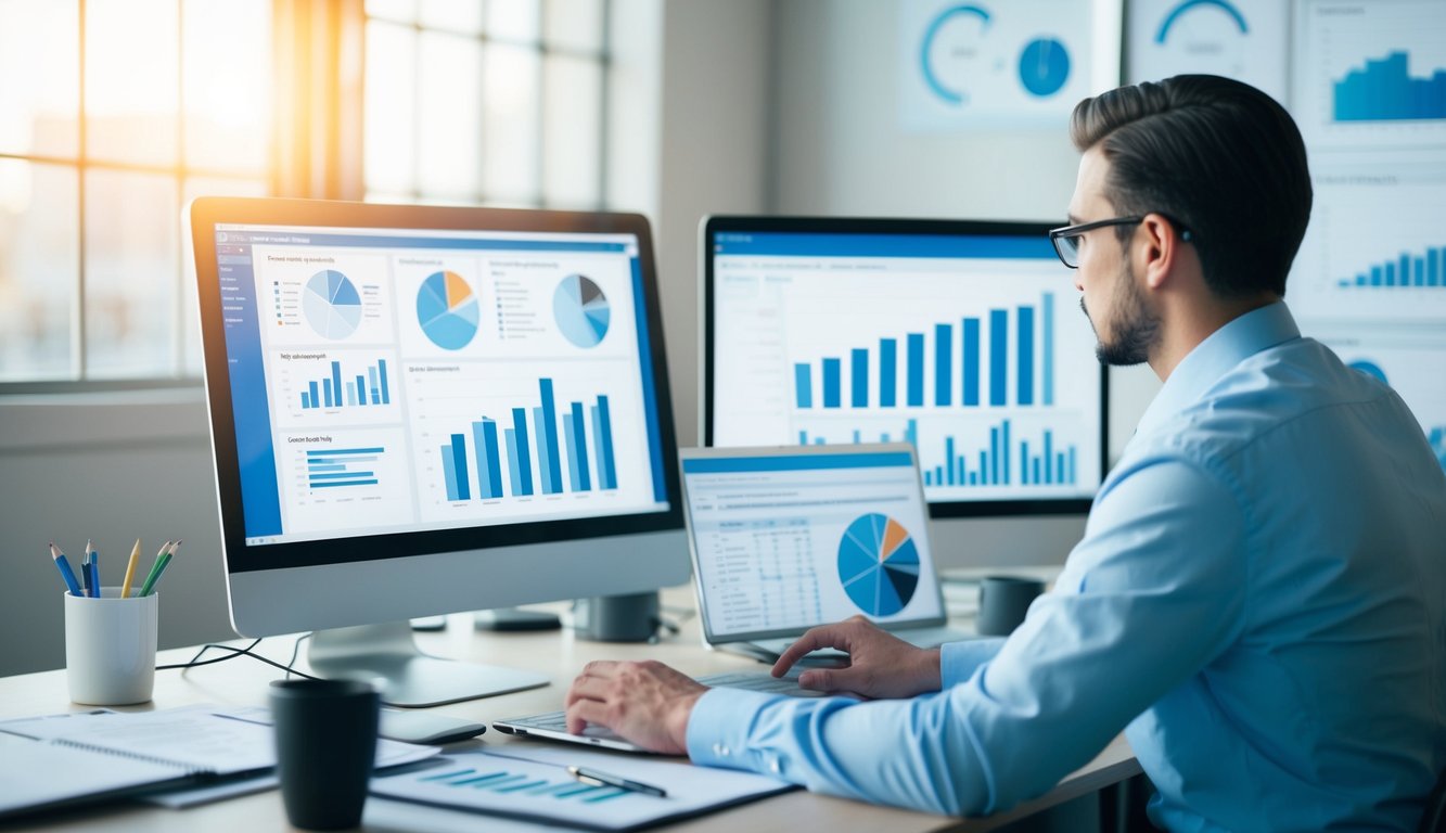 A person at a desk surrounded by charts, graphs, and a computer. They are analyzing survey data and preparing a report