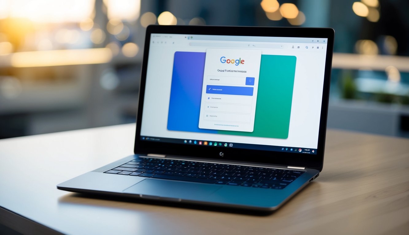 A laptop displaying a sleek and modern Google Forms interface, with vibrant color options and clean, organized layout