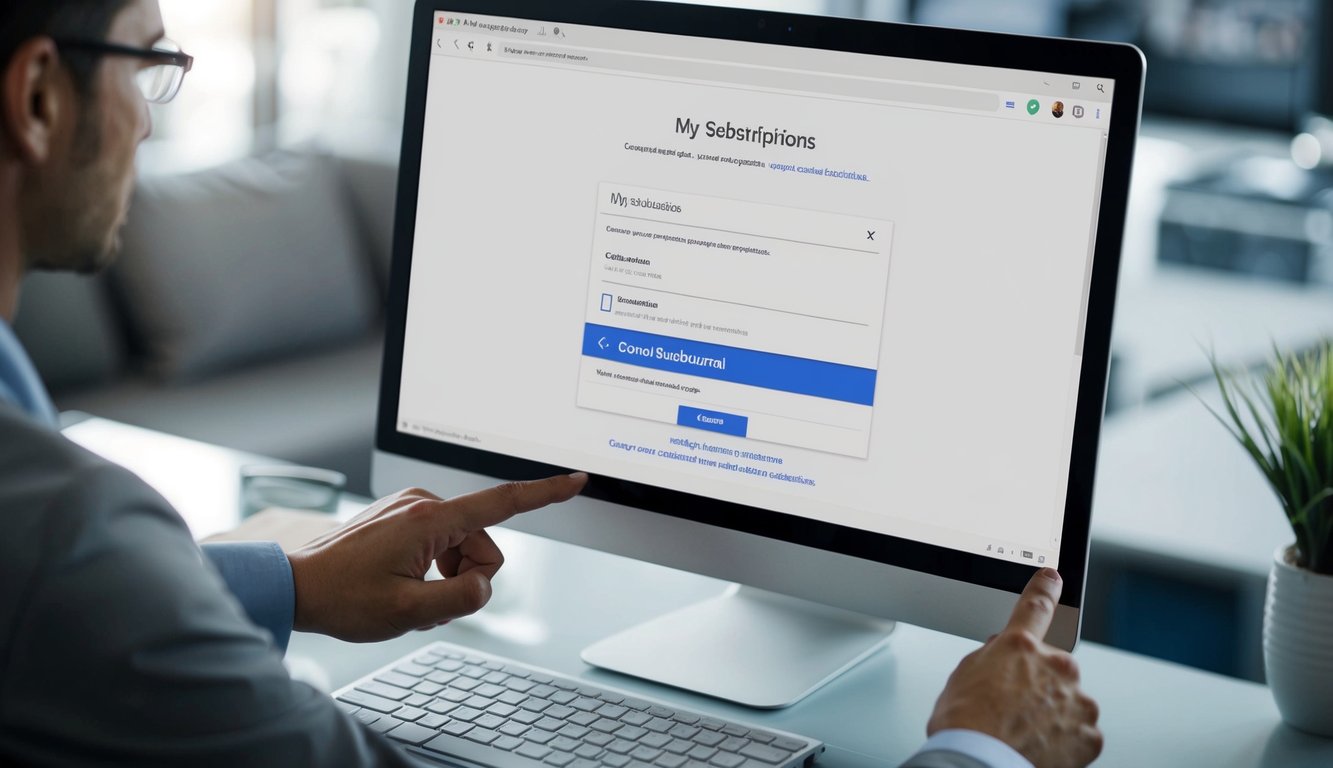 A computer user clicking on "My Subscriptions" in Google Forms settings, then selecting "Cancel Subscription" and confirming the cancellation