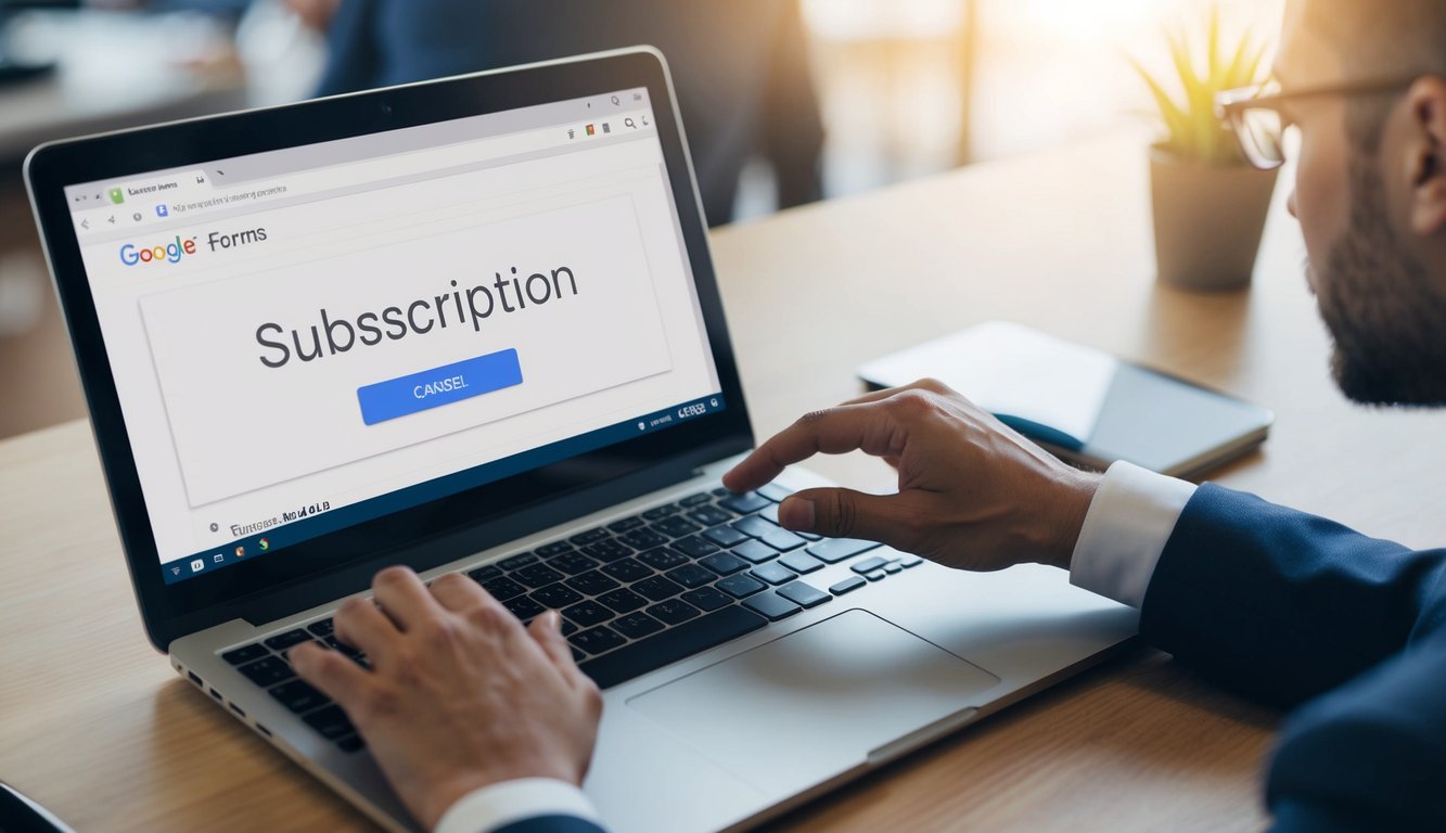 A computer user navigating through settings, finding the subscription tab, and clicking on the cancel button for Google Forms