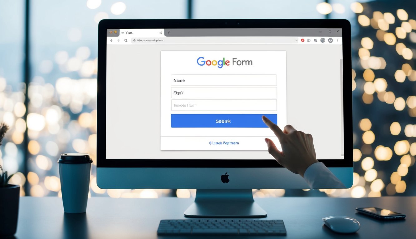 A computer screen displays a Google Form with fields for name, email, and RSVP options. A mouse cursor hovers over the "Submit" button