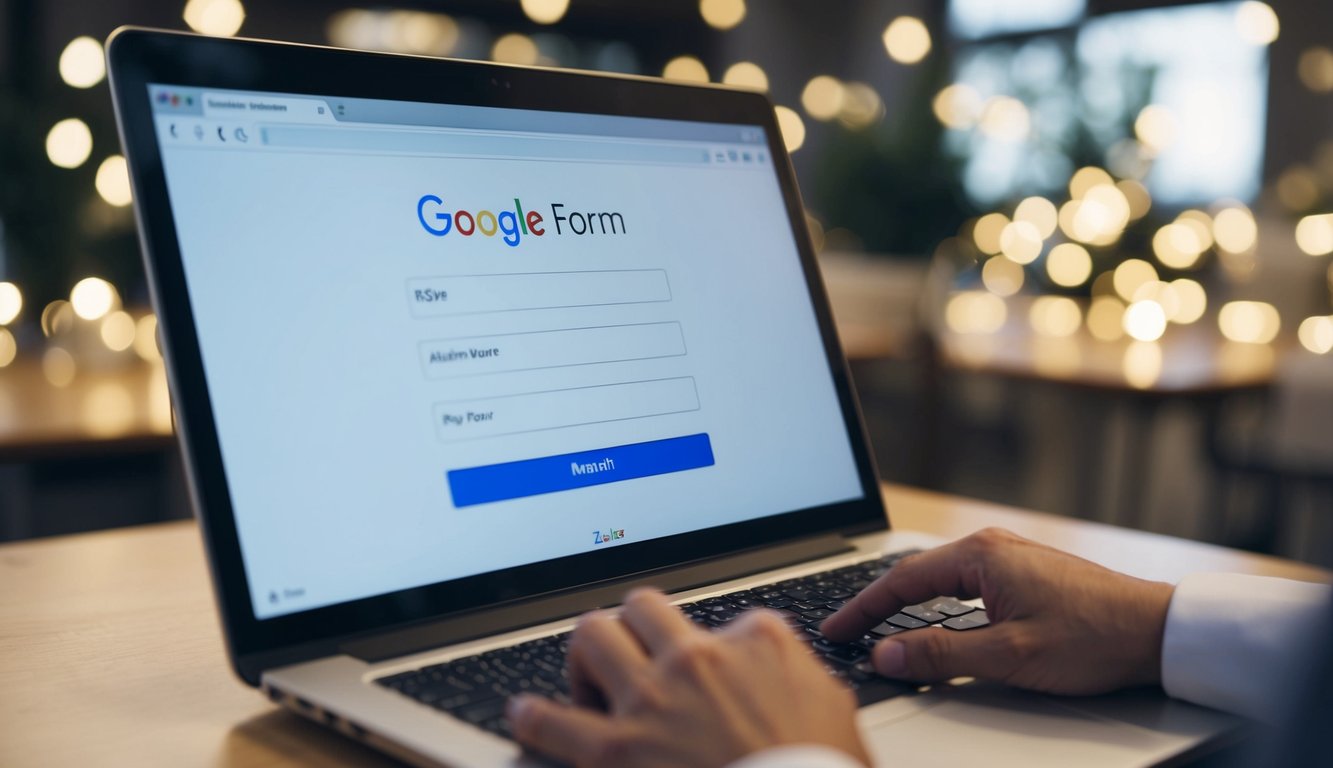 A computer screen displaying a Google Form with fields for entering RSVP information. A cursor hovers over the submit button