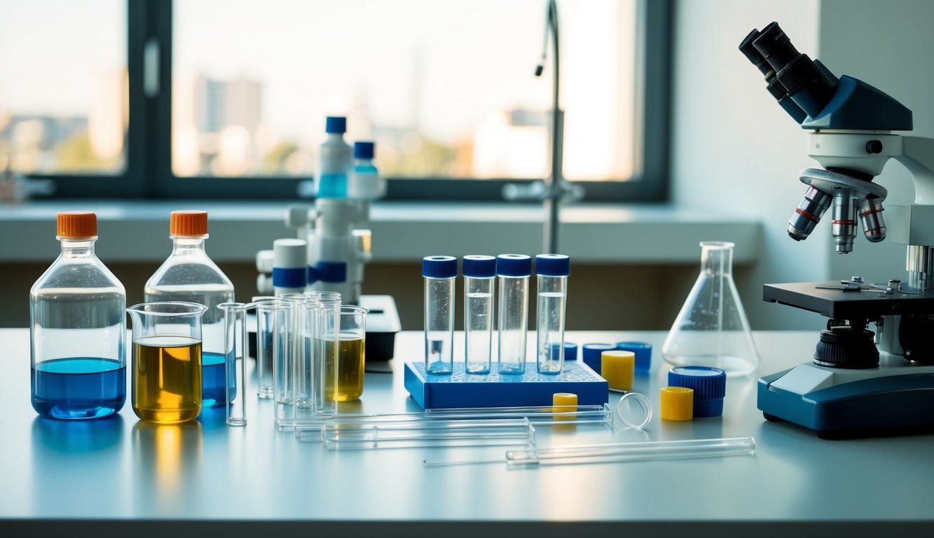 A table with various lab equipment and materials laid out for creating a test. Bottles, beakers, and test tubes are arranged neatly alongside a microscope and other scientific tools