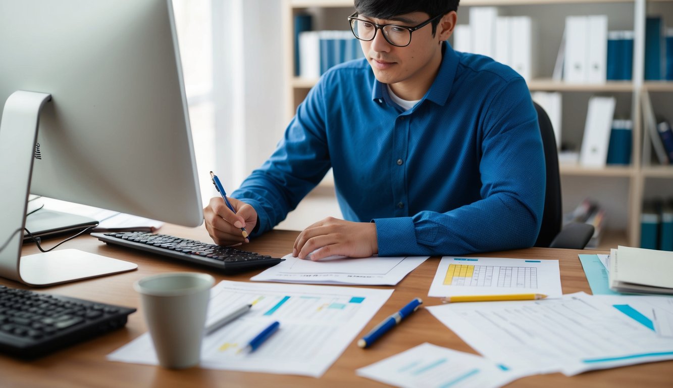 A person sitting at a desk, surrounded by papers, pens, and a computer. They are focused on creating a test, with various testing materials spread out in front of them