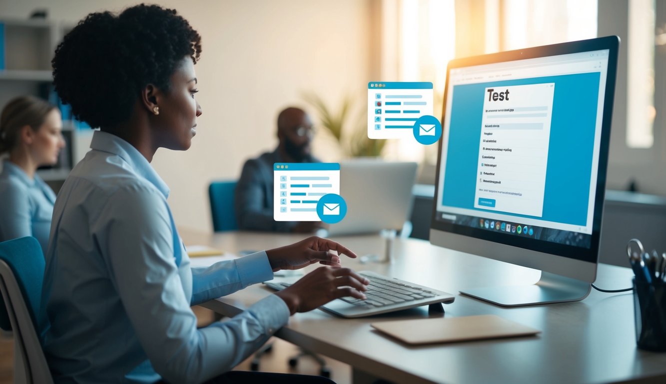 A person sitting at a desk, creating a test on a computer. They are then seen sharing the test with others through email or a file-sharing platform