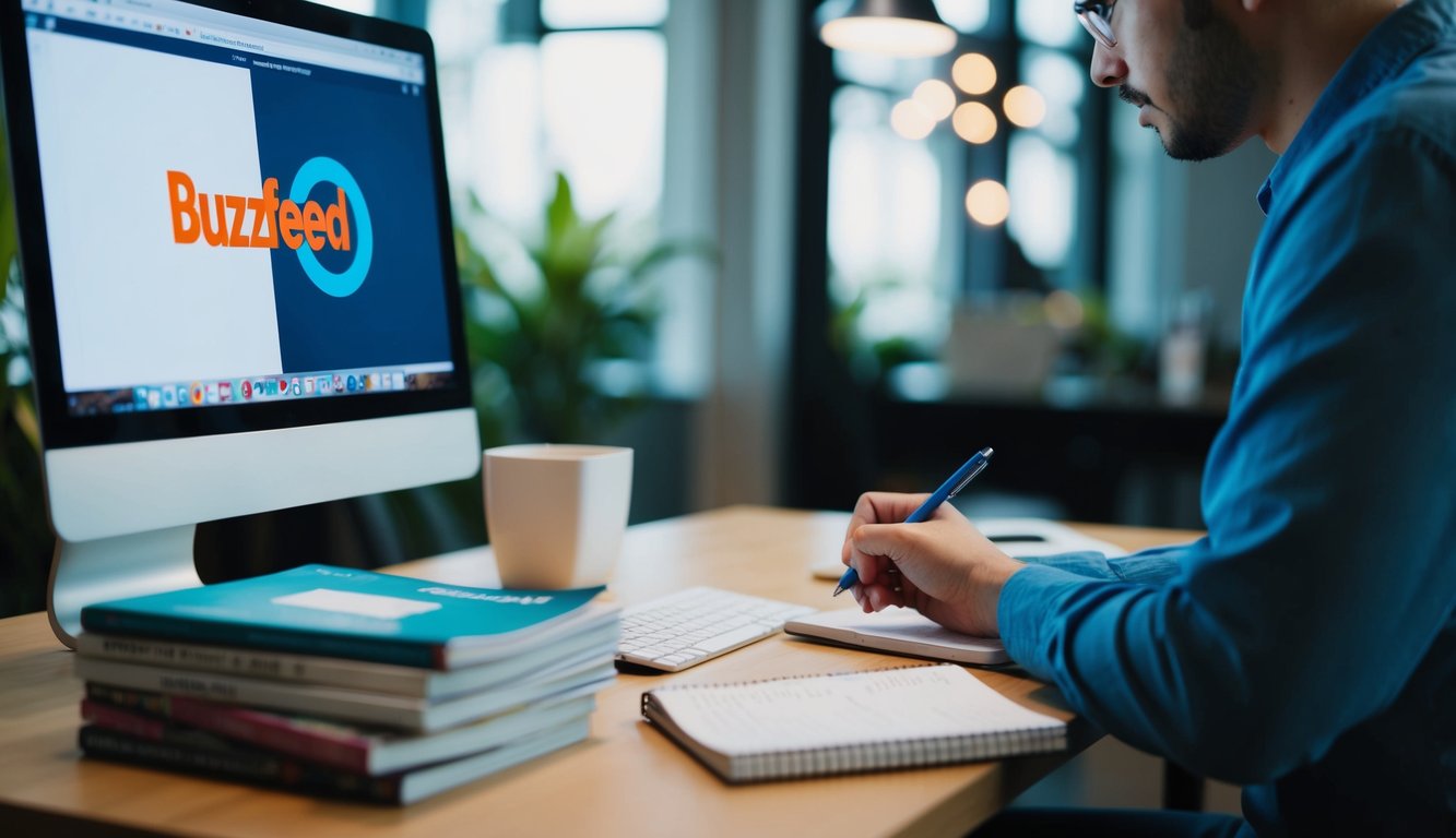 A person at a desk with a computer, brainstorming ideas and jotting down notes on a notepad. A stack of magazines and a Buzzfeed logo on the computer screen