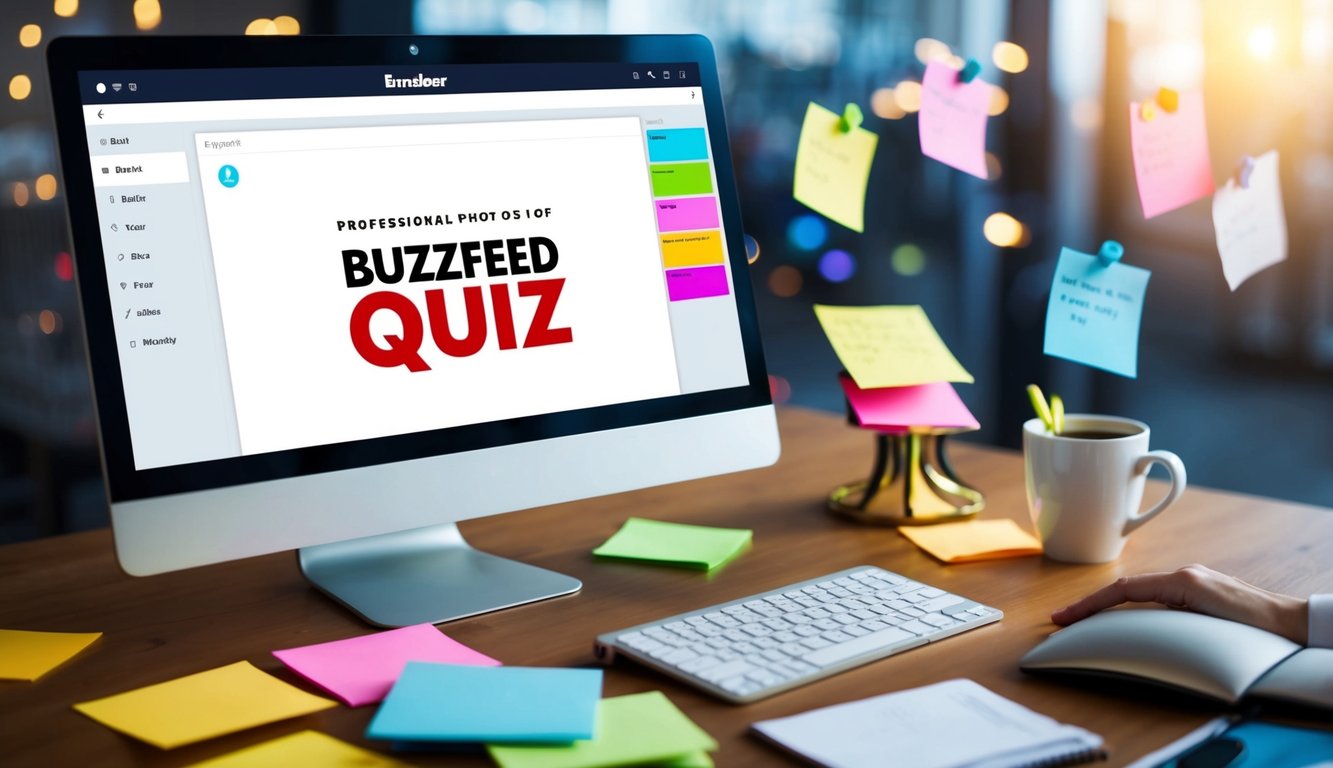 A computer screen with a blank BuzzFeed quiz template open, surrounded by colorful sticky notes with brainstorming ideas and a cup of coffee