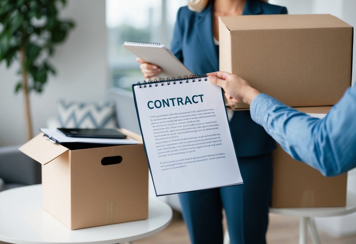 A person holding a contract with a calendar and moving boxes, indicating the impact of collective agreements on leave during relocation