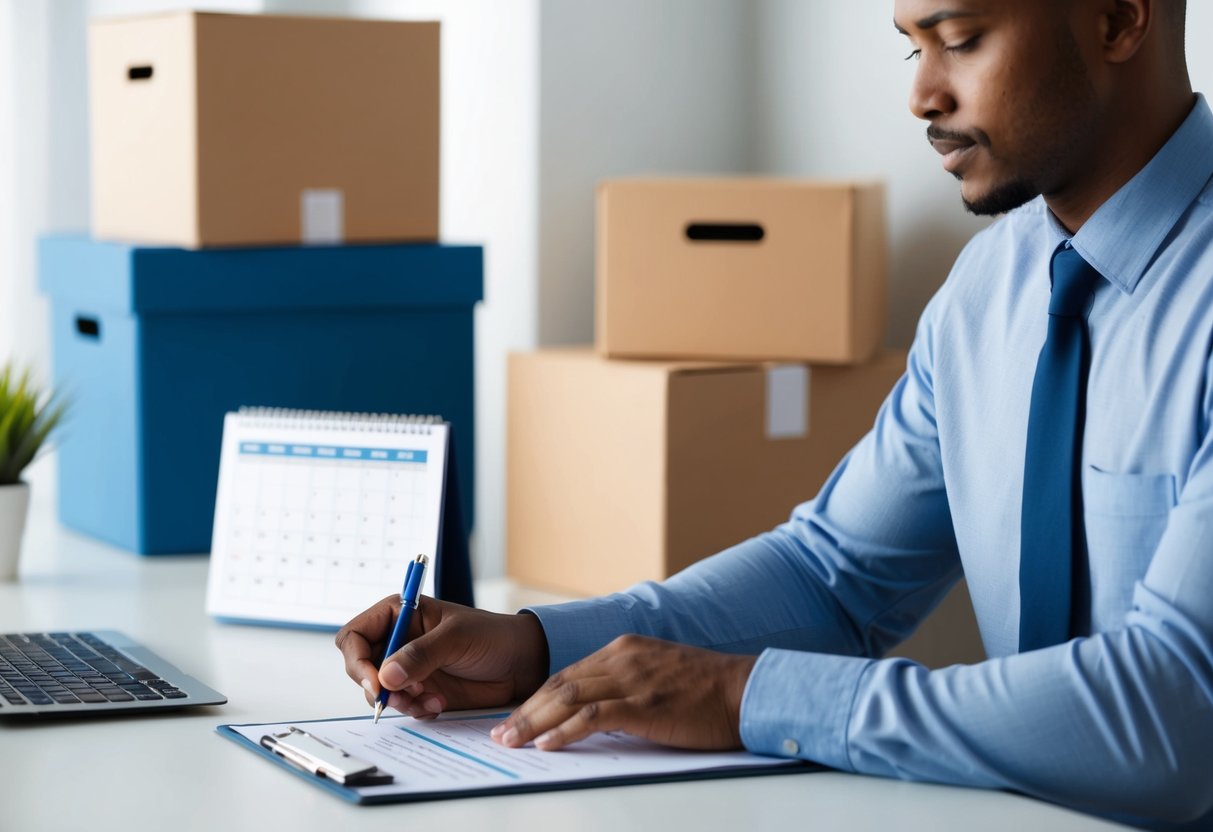 A person filling out paperwork at a desk with a calendar and moving boxes in the background