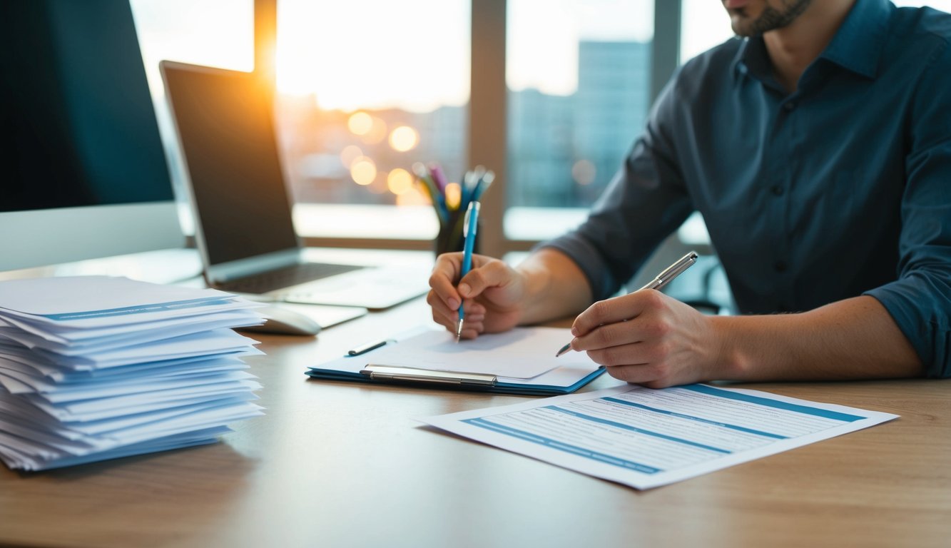 A person at a desk with a computer and paper, brainstorming ideas and writing questions. A stack of completed surveys sits nearby