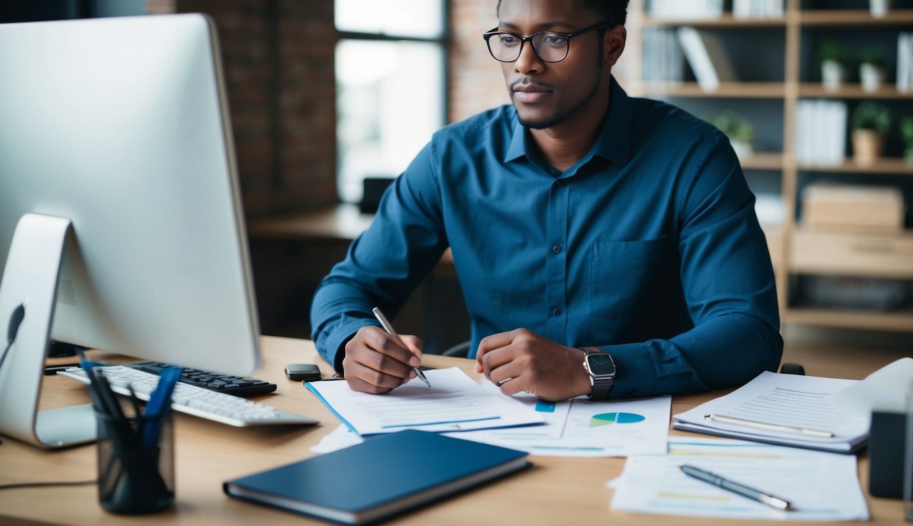 A person sitting at a desk with a computer, surrounded by papers, pens, and a notebook. The person is deep in thought, brainstorming ideas for creating a survey